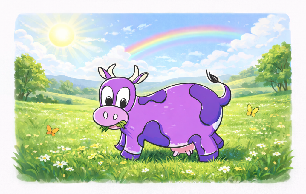 Illustration of Practice-It’s cartoon purple cow mascot grazing in a sunny green meadow surrounded by flowers, trees, butterflies and a rainbow.
